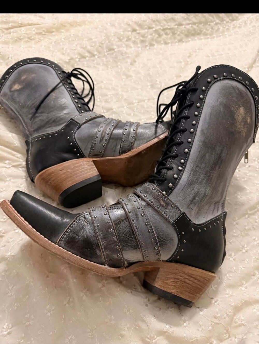 freebird Two-Tone Metallic Gray and Black Studded Lace-Up Ankle Boots